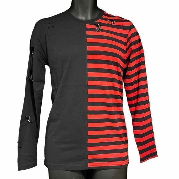 Custom Distressed Red & Black Striped Split Long Sleeve Shirt Men’s Small - Picture 1 of 5
